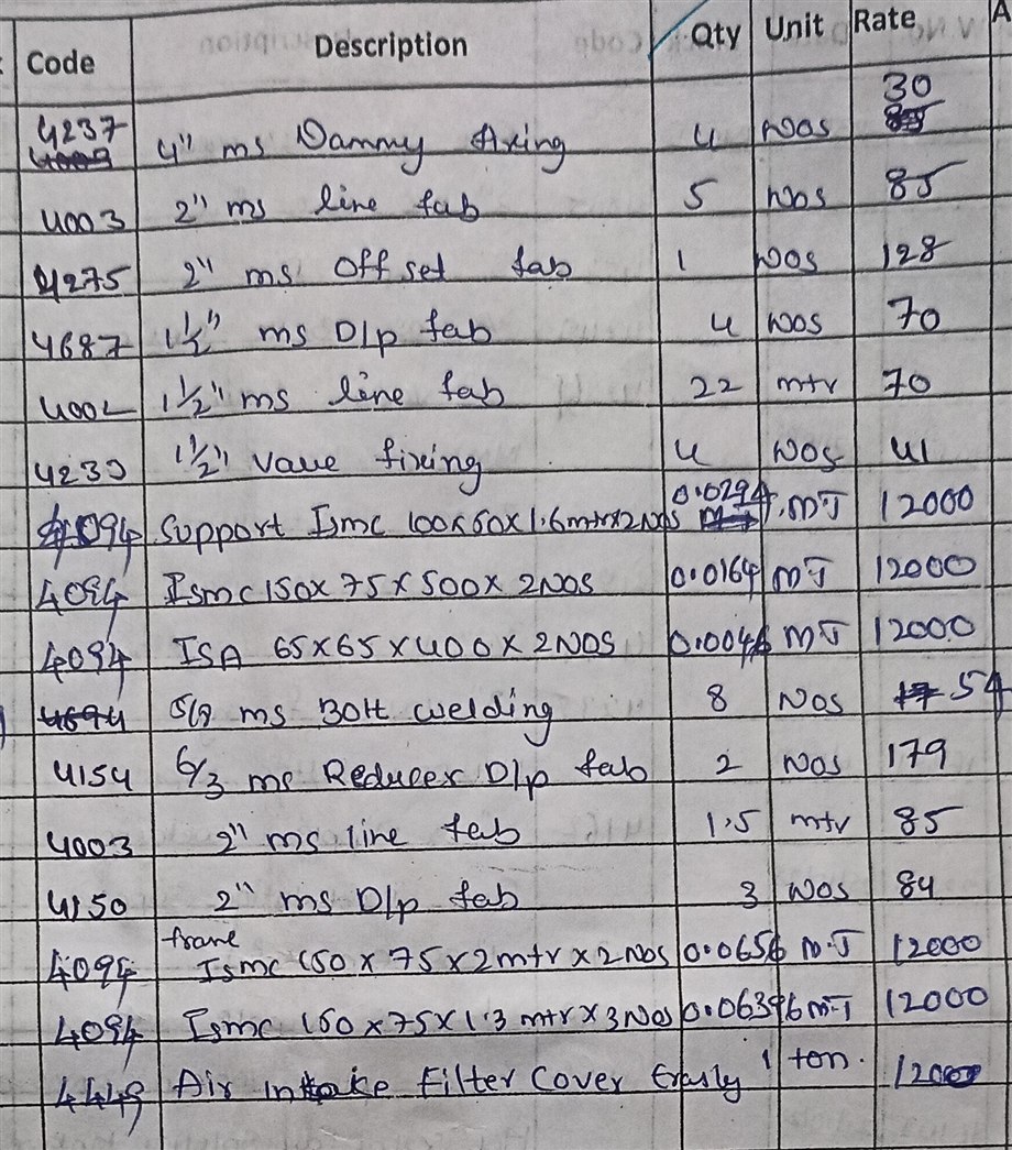 Handwritten fabrication billing sheet sample