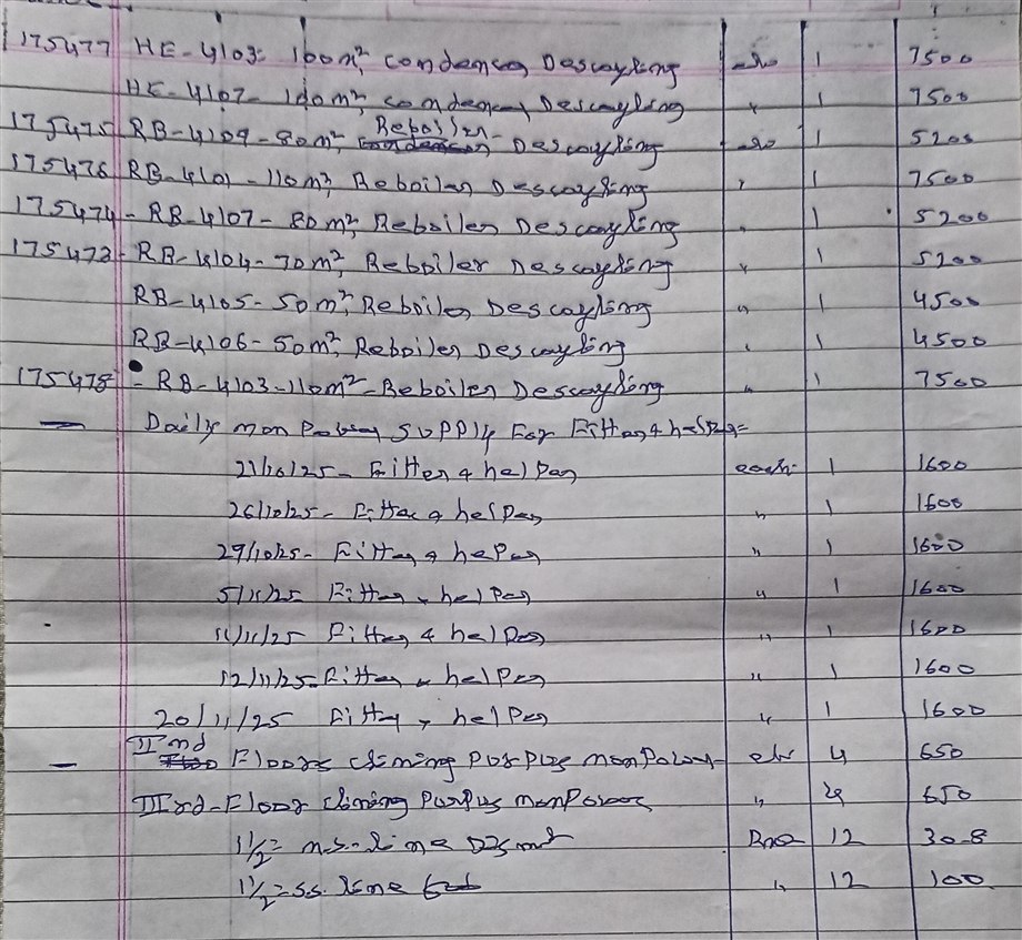 Handwritten daily billing record sample