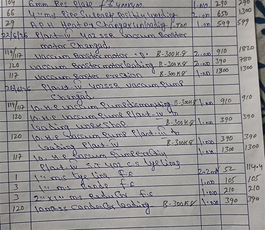 Handwritten engineering measurement sheet sample